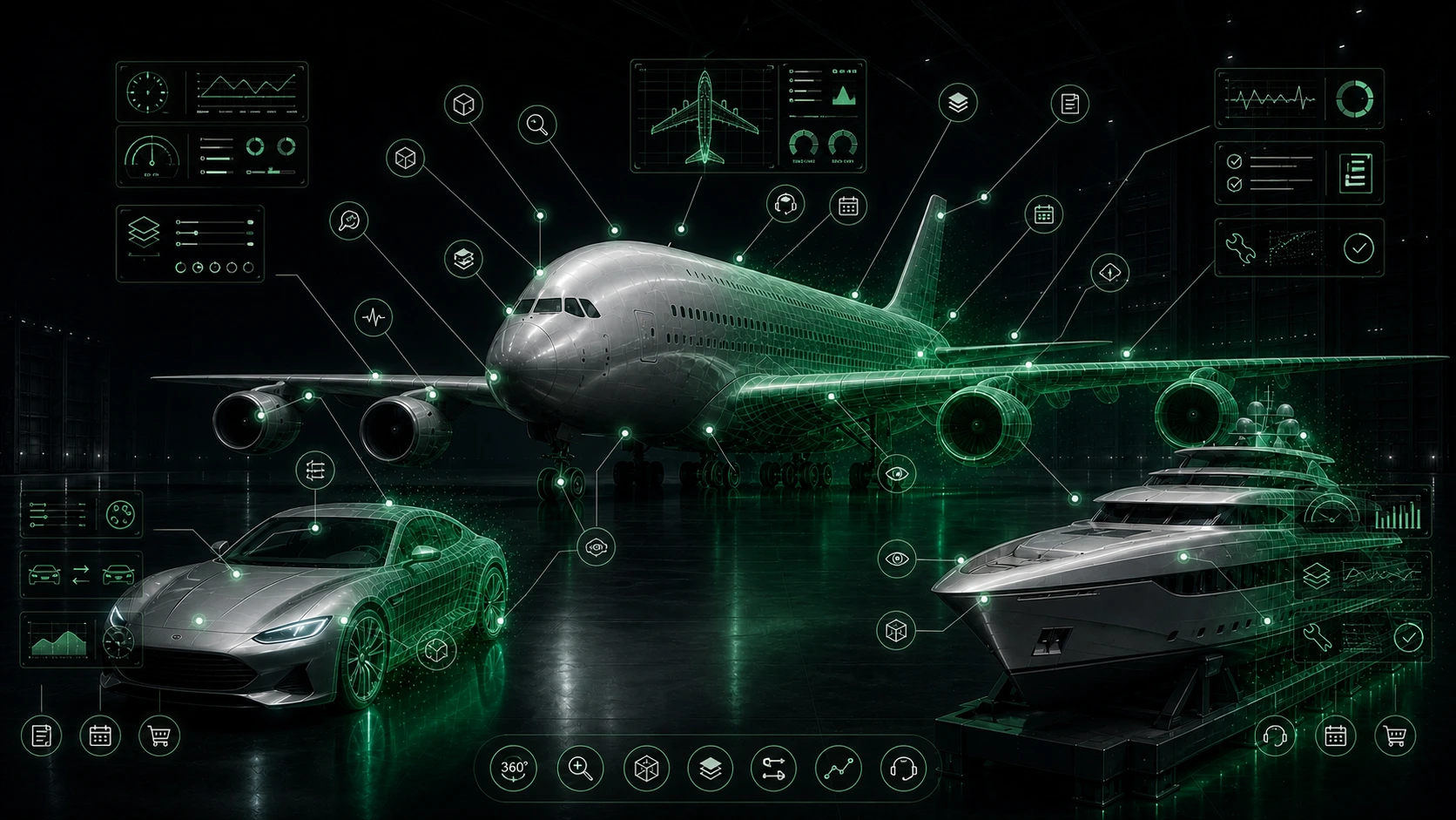 Digital twin visualization connecting an aircraft, a car and a yacht with intelligent data interfaces