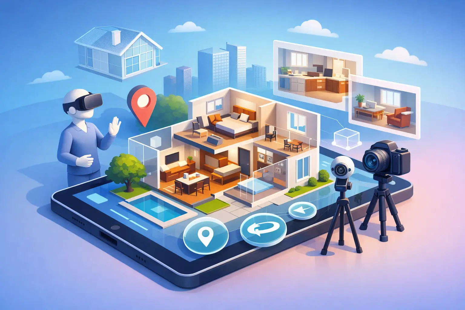 Illustration d'une visite virtuelle 3D immobilière avec caméra, casque de réalité virtuelle et maison numérique