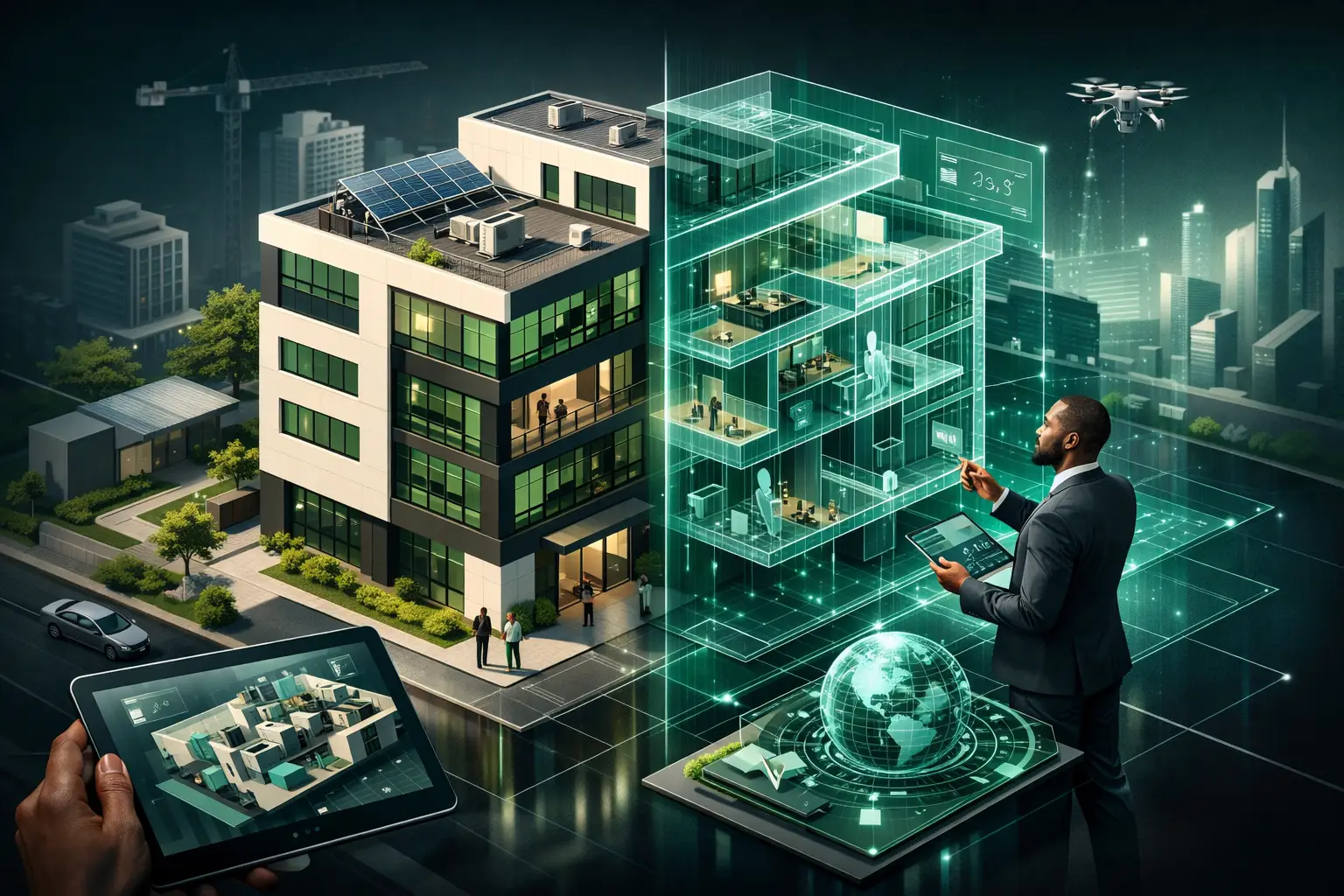 Jumeau numérique d’un bâtiment africain affichant sa structure et ses données spatiales
