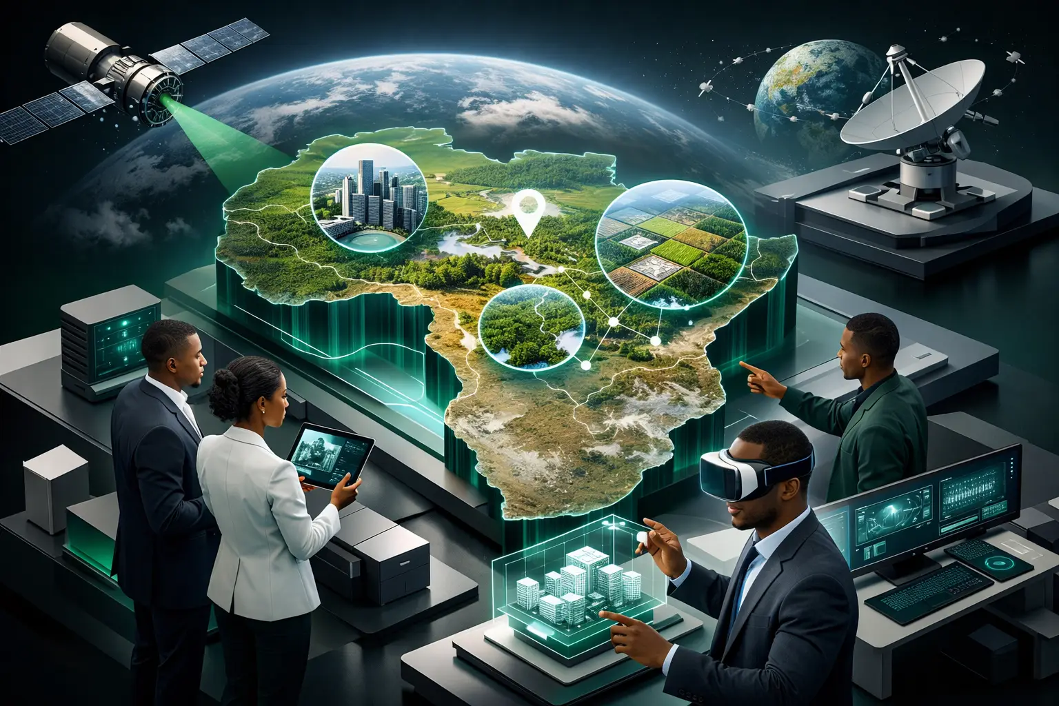 Professionnels africains utilisant la capture spatiale, les données satellitaires et un jumeau numérique