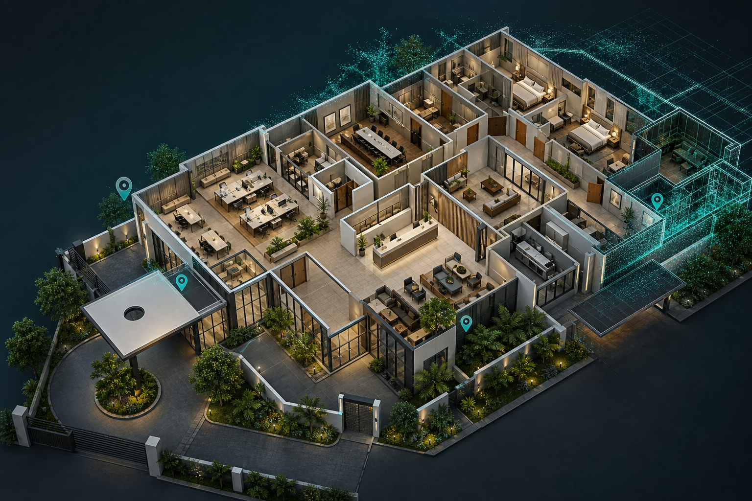 Plan de sol 3D d?un complexe immobilier ? usage mixte avec intelligence spatiale