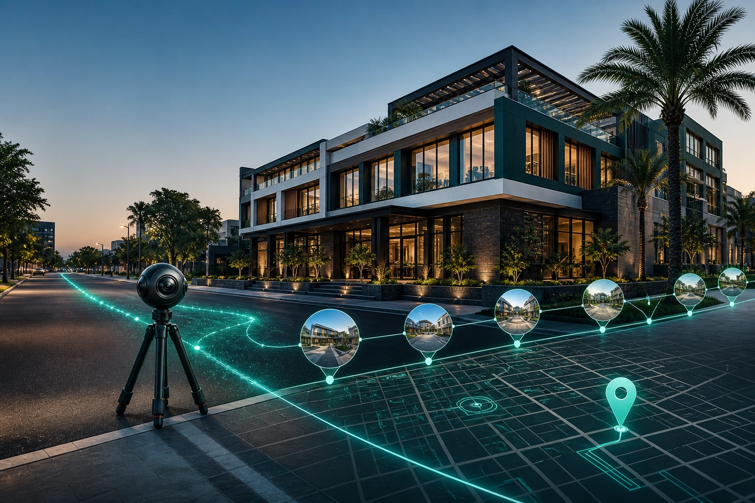 Visite Google Street View d'un b?timent commercial r?alis?e avec une cam?ra panoramique ? 360 degr?s