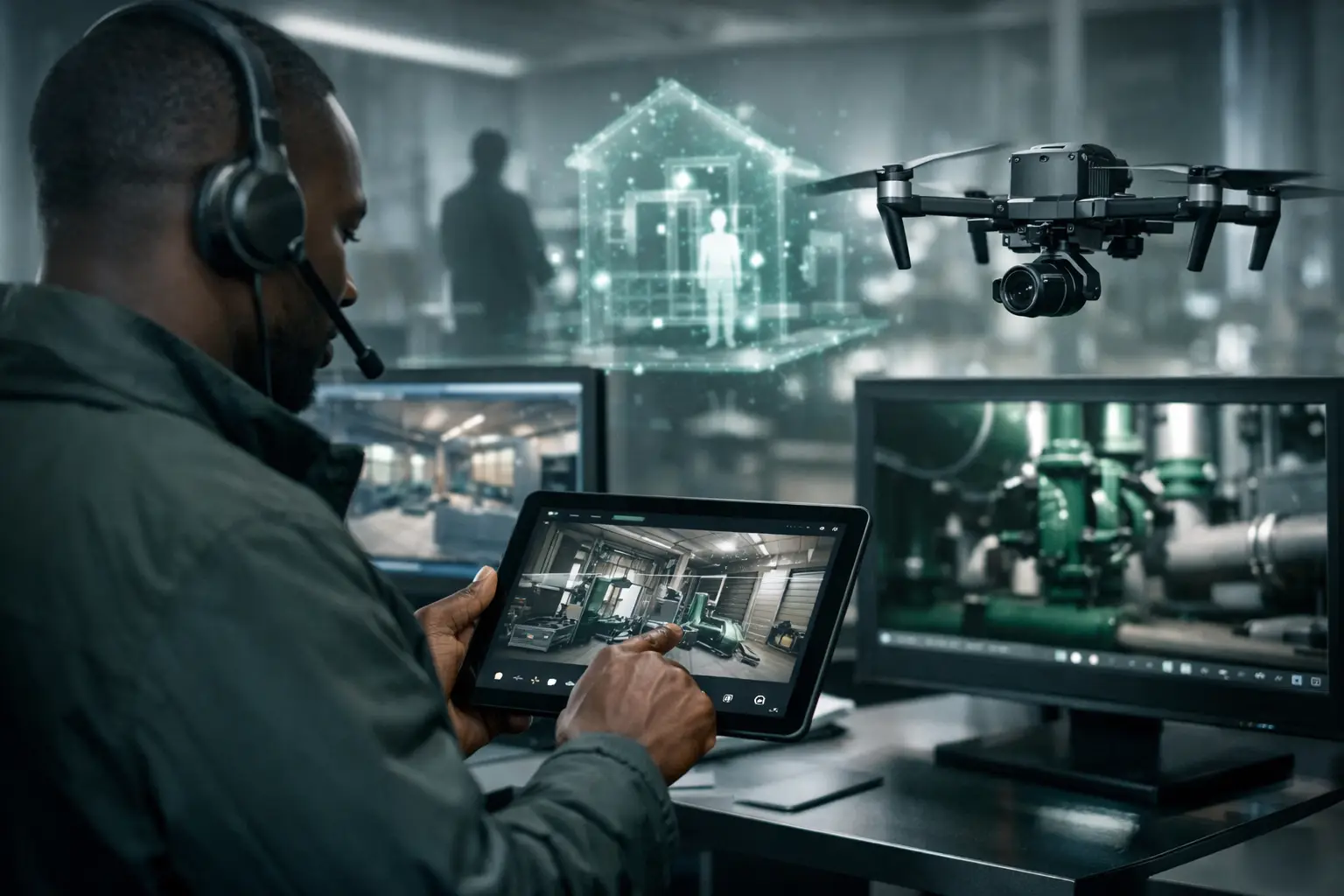 Remote inspection specialist reviewing digital site evidence with drone capture