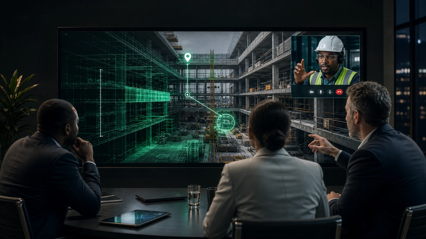 Décideurs participant à un appel 3D guidé en direct pour examiner à distance un chantier numérisé