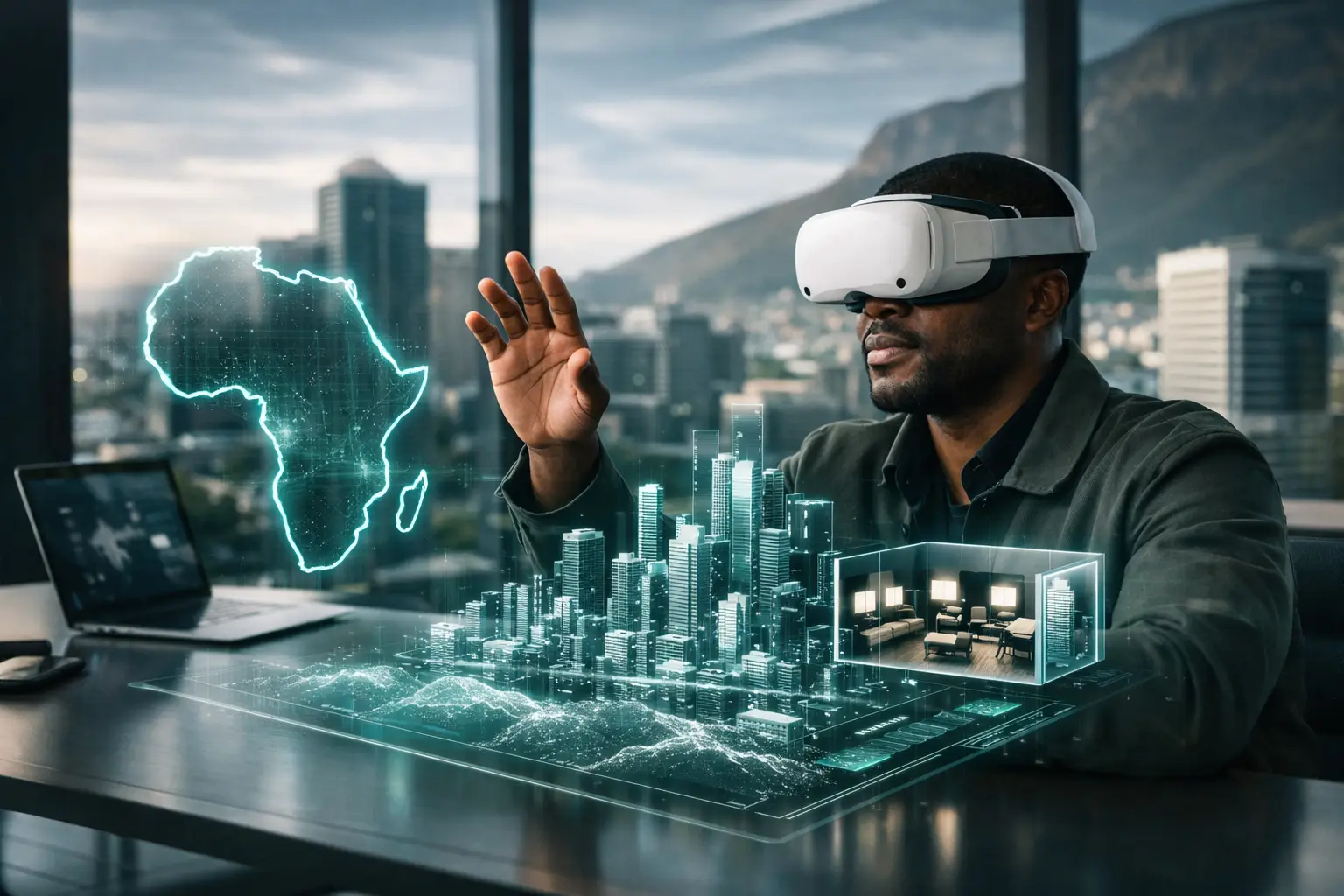 African spatial-computing specialist exploring a digital city model with a virtual-reality headset