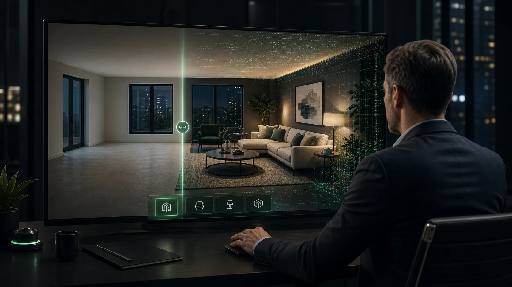 Acheteur examinant un appartement avant et après un home staging virtuel sur un écran interactif